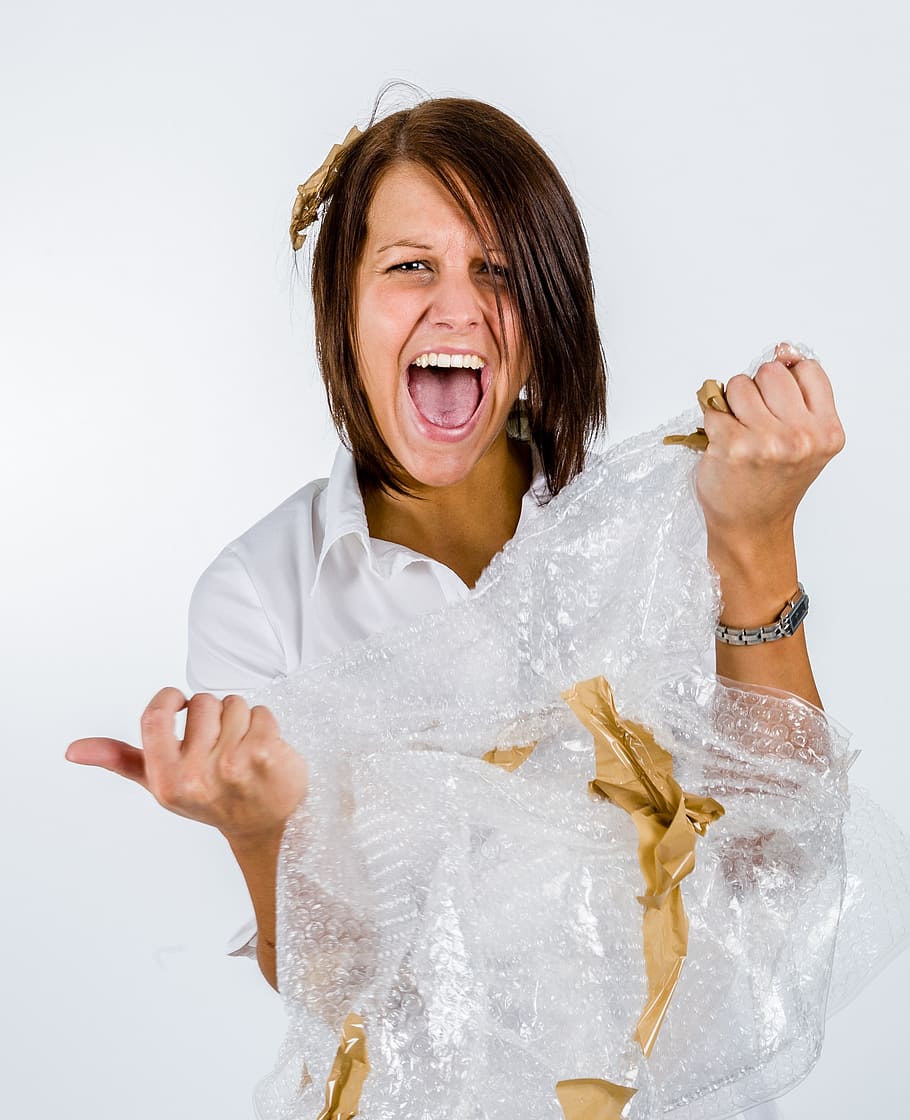 woman, shouting, holding, white, textile, office, packaging, tape, frustration, stuck