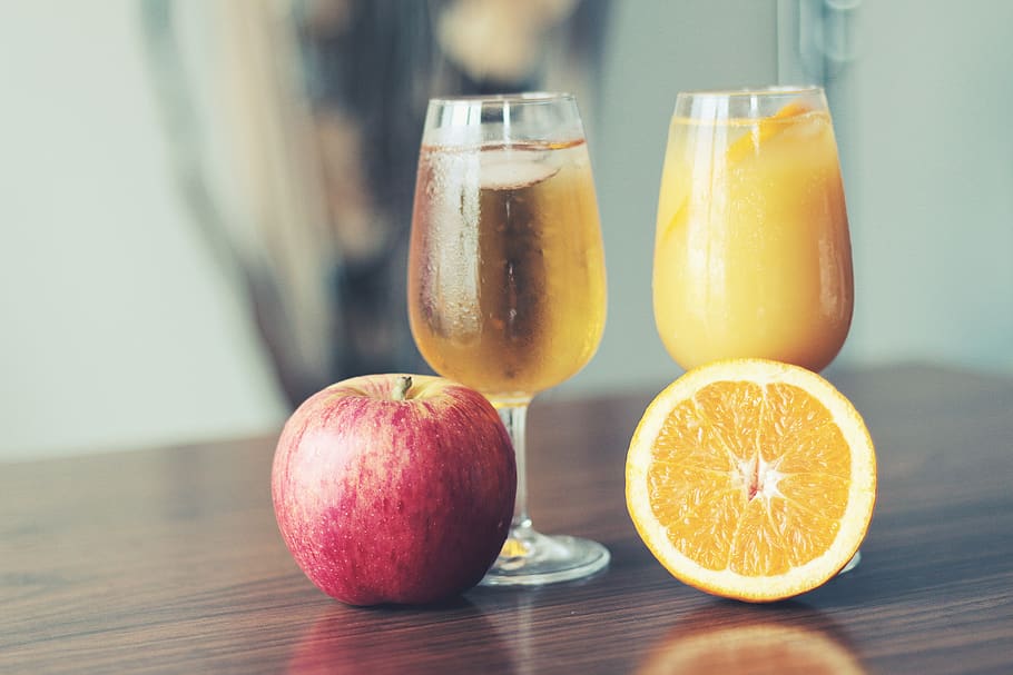 maçã, laranja, suco, copo, bebidas, saudável, café da manhã, frutas, comida e bebida, alimentação saudável