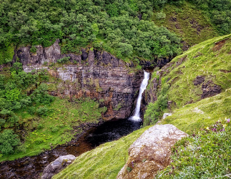 滝, つぶやき, 水, 自然, 風景, スコットランド, 空の島, 展望, 岩, 緑