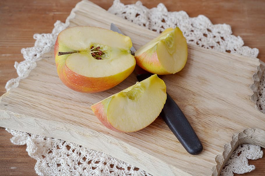 apple, bio apple, cut, cutting board, wooden board, sliced apple, bio, healthy, sweet, vitamins