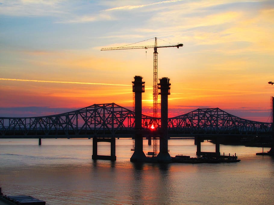 bridge, sunset, crane, architecture, city, sky, river, tower, water, dusk