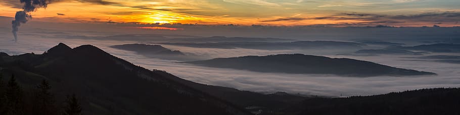 silhouette photo, mountain, sunset, sunrise, fog, the swiss mittelland, belchen, fog items, morgenstimmung, sun
