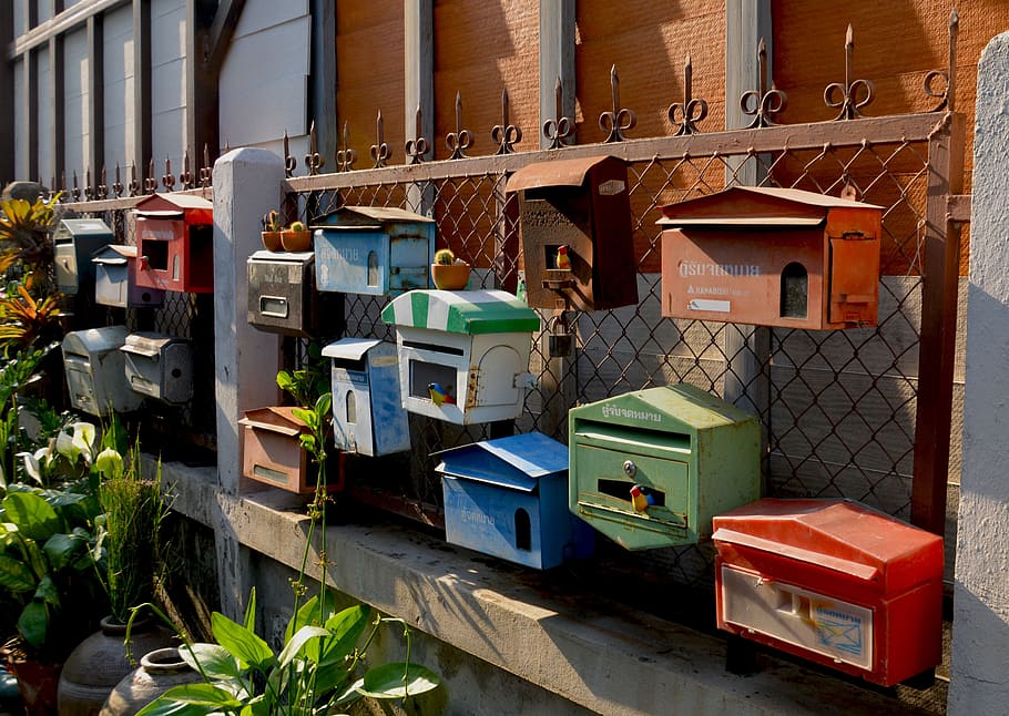 assorted-color mail boxes, mail, letterboxes, mailbox, letterbox, letter, postal, box, post, postbox