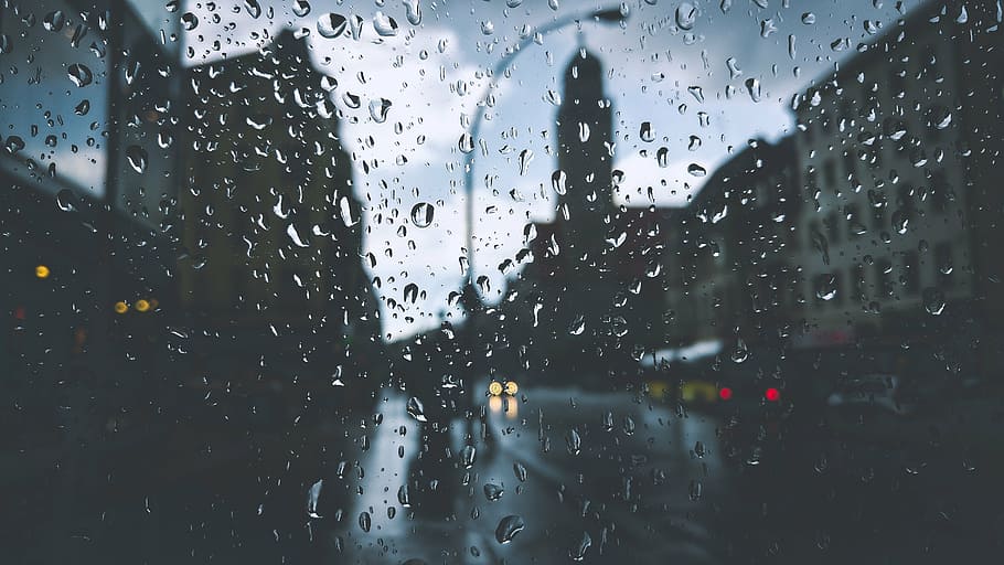 droplets, glass window, buildings, drops, glass, lamppost, liquid, motion, rain, raindrops