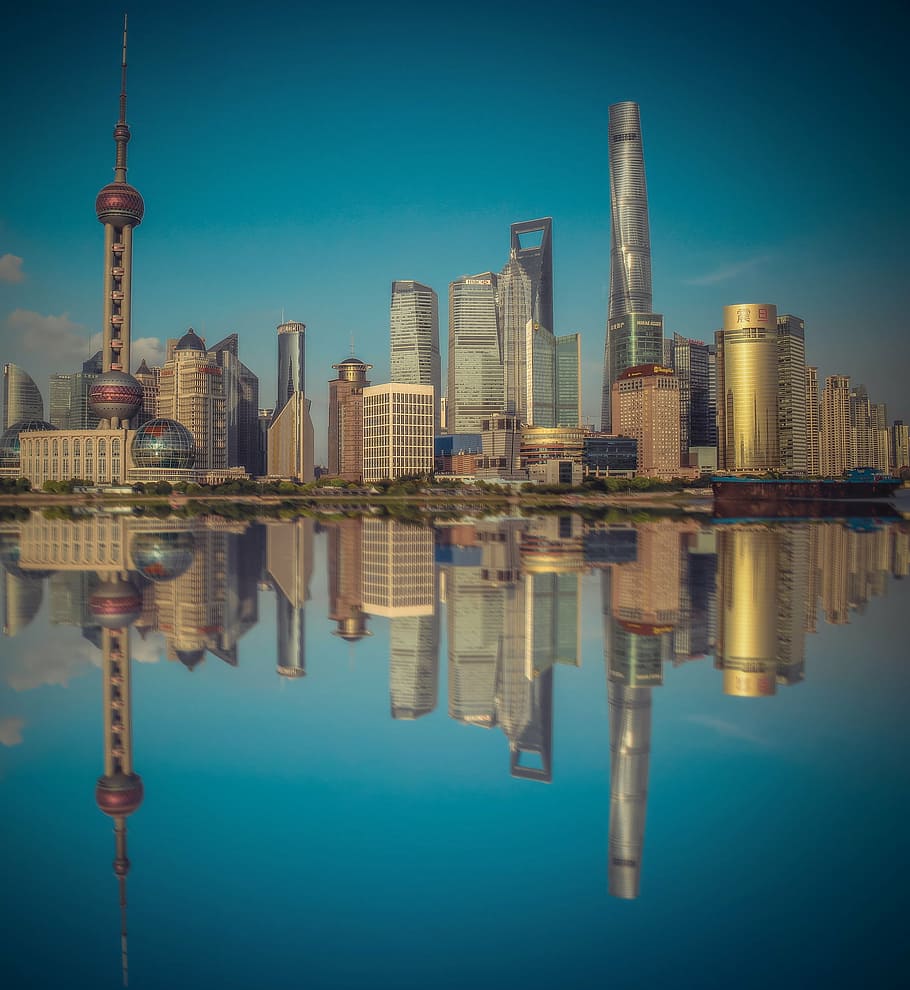corpo, agua, exibindo, reflexão, edifícios da cidade, xangai, china, cidade, cidade moderna, arranha-céus