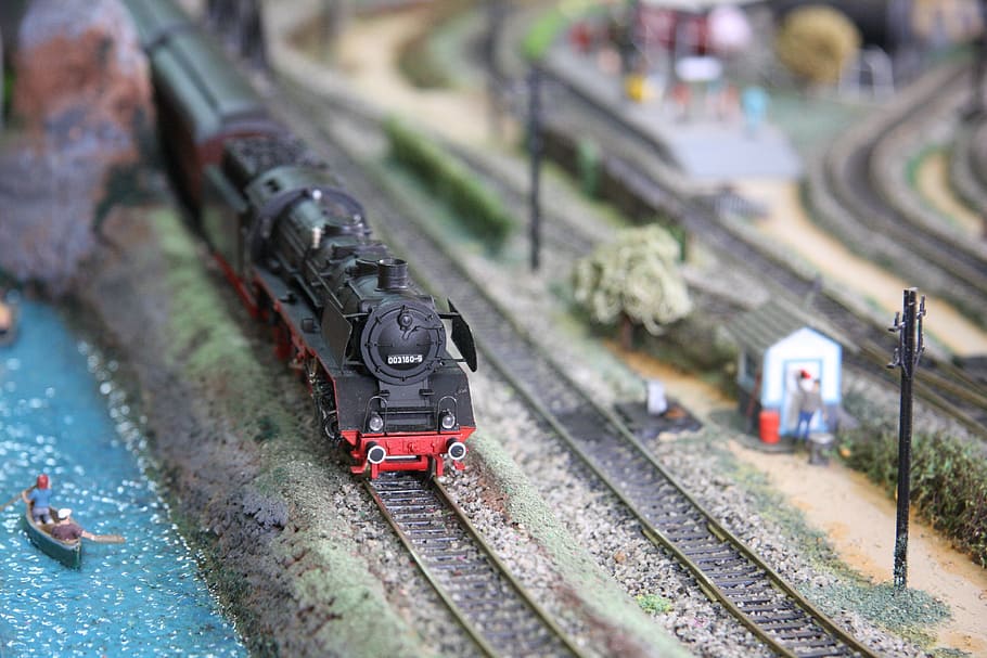 tilt shift photography, black, red, locomotive, mini world, hobby, miniature, collection, train, toys
