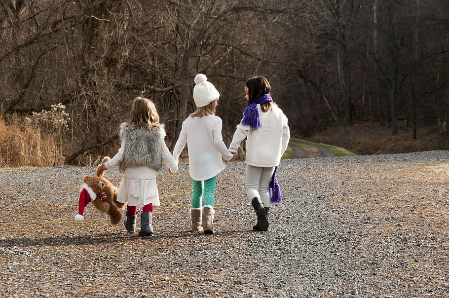 tres, niñas, caminar, árboles, durante el día, navidad, hermanas, invierno, otoño, naturaleza