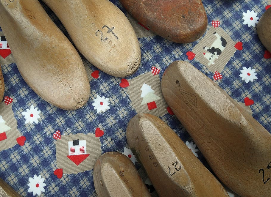 shoes, wood, feet, forms, shoemaker, shoe, foot, indoors, wood - material, high angle view