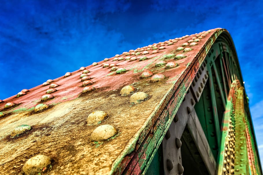baixo, foto do ângulo, verde, marrom, casa, ponte, arco, arquitetura, detalhes, ferro