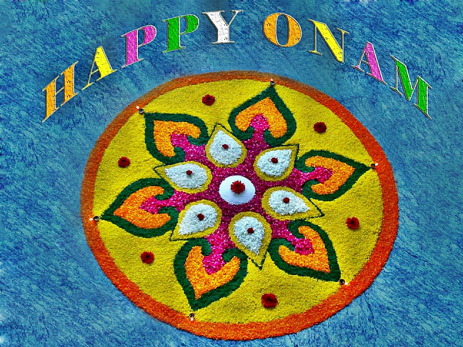feliz, sobreposição de texto onam, Onam, Decoração, Celebração, atham, kerala, festival, tradicional, desejo