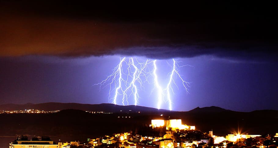 lightning striking town, Lightning, Storm, Storm, Clouds, Thunder, lightning, storm, clouds, rain, lightning storm, sky