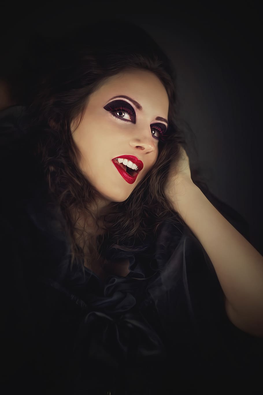 foto, cara de mujer, rojo, labios, mujer, vampiro, niña, la bruja, negro, gótico