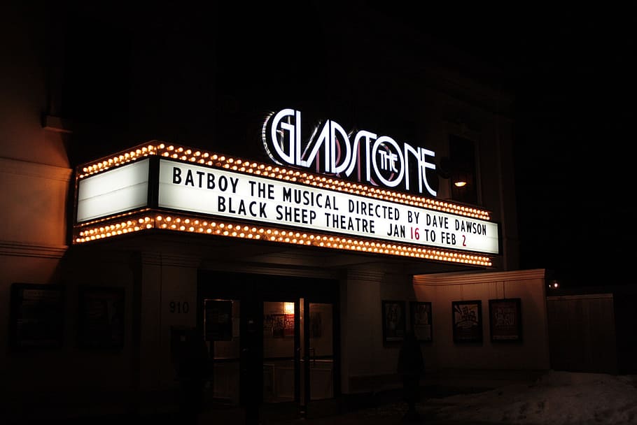white, black, light-up signage, Marquee, Theatre, Theater, Billing, marquee, theatre, night, musical