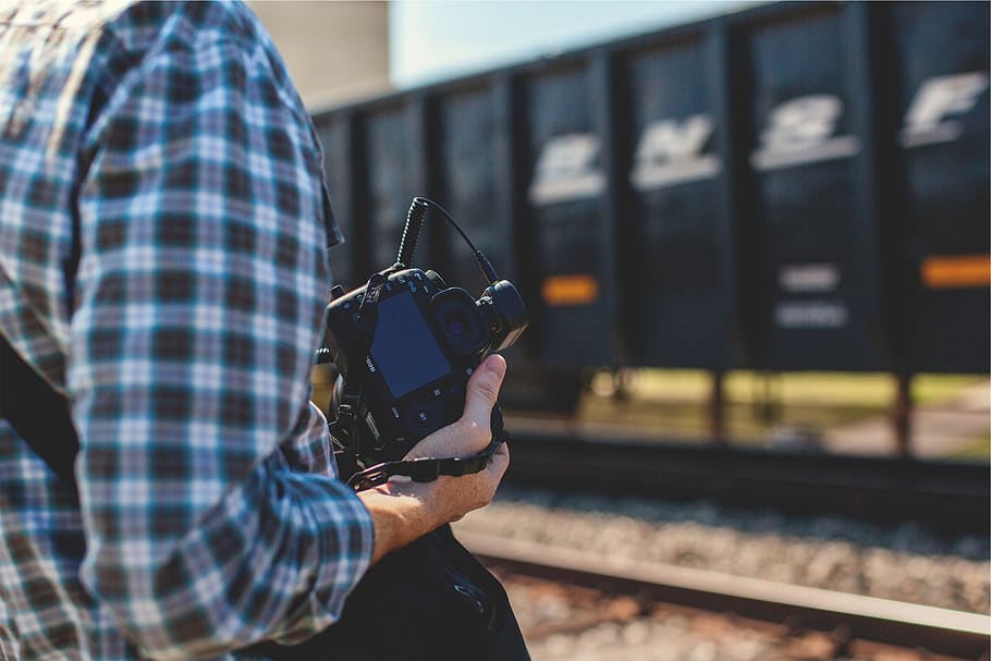 cañón, cámara, slr, fotógrafo, fotografía, tecnología, vías del tren, ferrocarril, hombre, personas