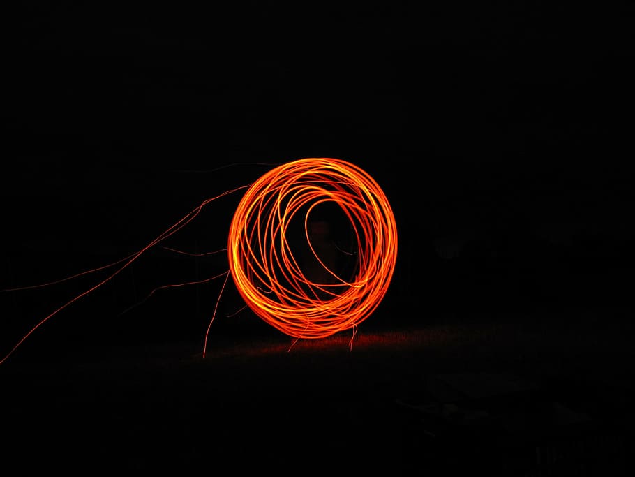 fotografia de lã de aço, fogo, marca, céu, chama, brilho, fogo de madeira, círculo, à noite, vermelho