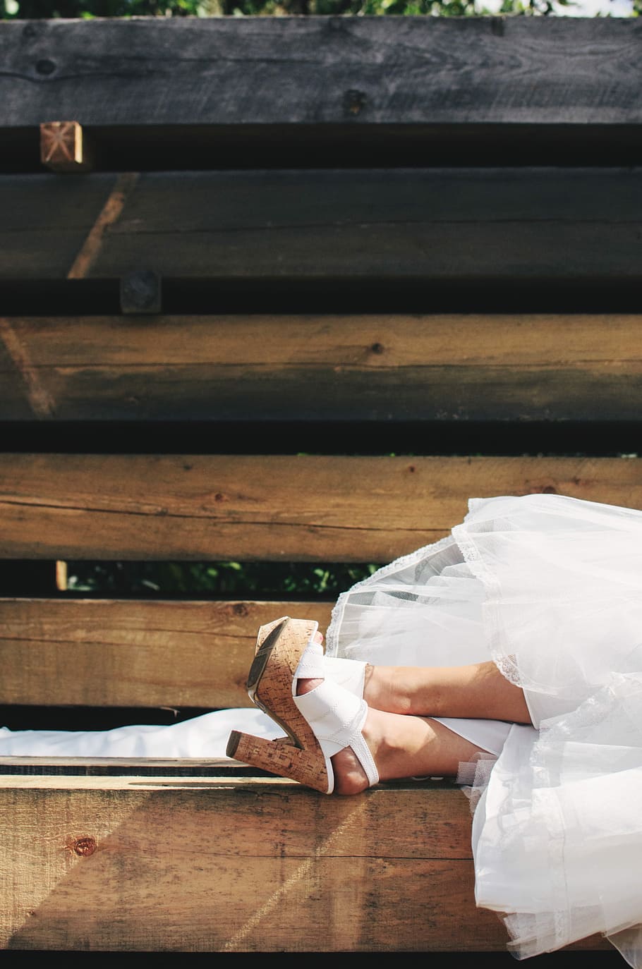 woman, white, wedding dress, cork stilettos, lying, wooden, bench, woman in white, white wedding, cork