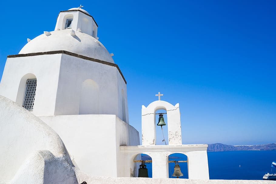 Blanco, hormigón, estructura, durante el día, Santorini, Capilla, Grecia, Iglesia, religión, griego