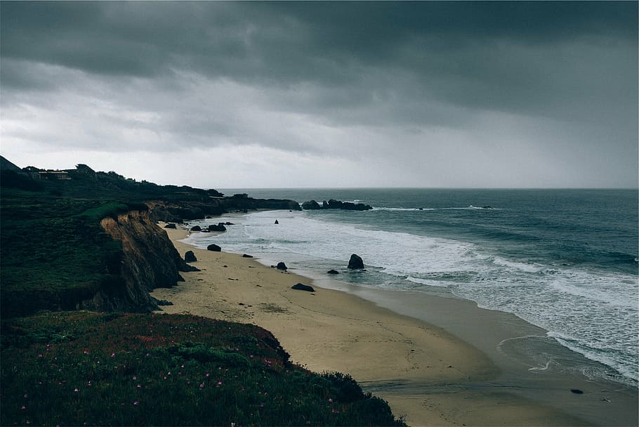 formación rocosa, océano, mar, orilla, foto, tormentoso, tiempo, playa, arena, olas