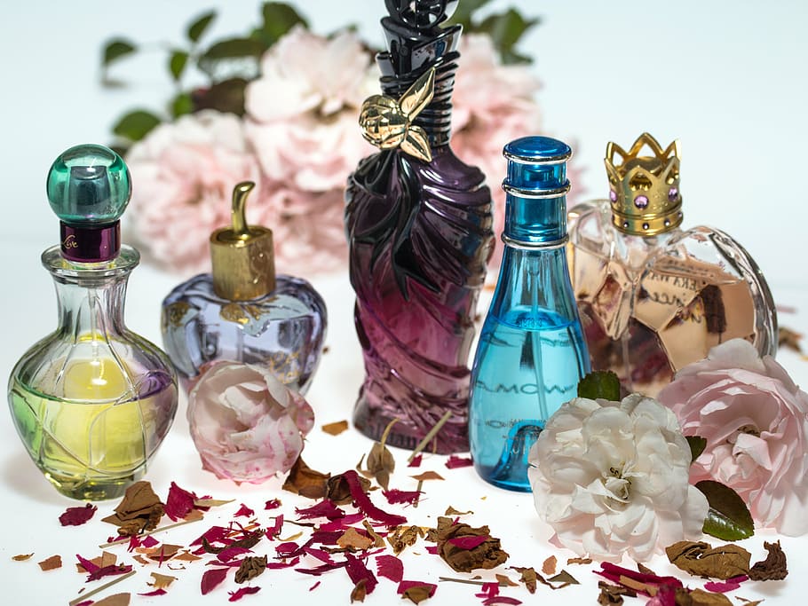 fragrance bottle collection, flowers, roses, dry, rose petals, perfume, perfume bottles, form, still life, bottle