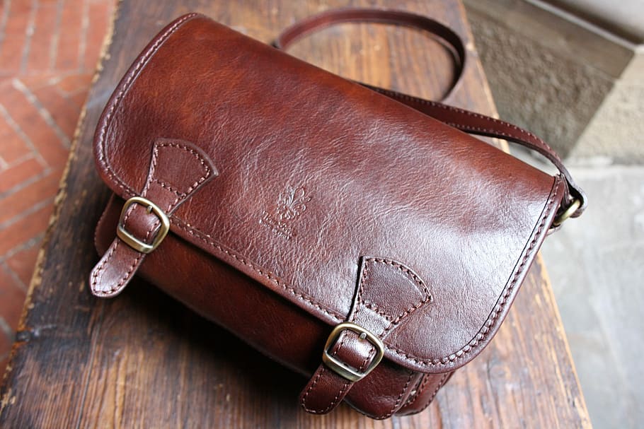 brown, leather satchel bag, wooden, surface, Bag, Leather, Testa, Di, Moro, testa di moro