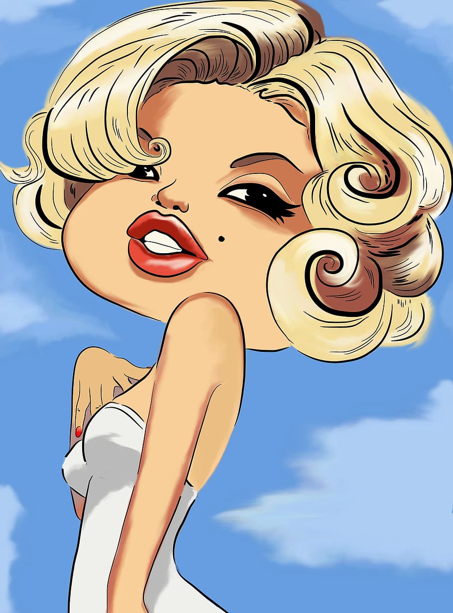 ilustração de marilyn monroe, Marilyn Monroe, Desenhos animados, Gráfico, História em quadrinhos, engraçado, menina, desenho, nuvem - céu, céu
