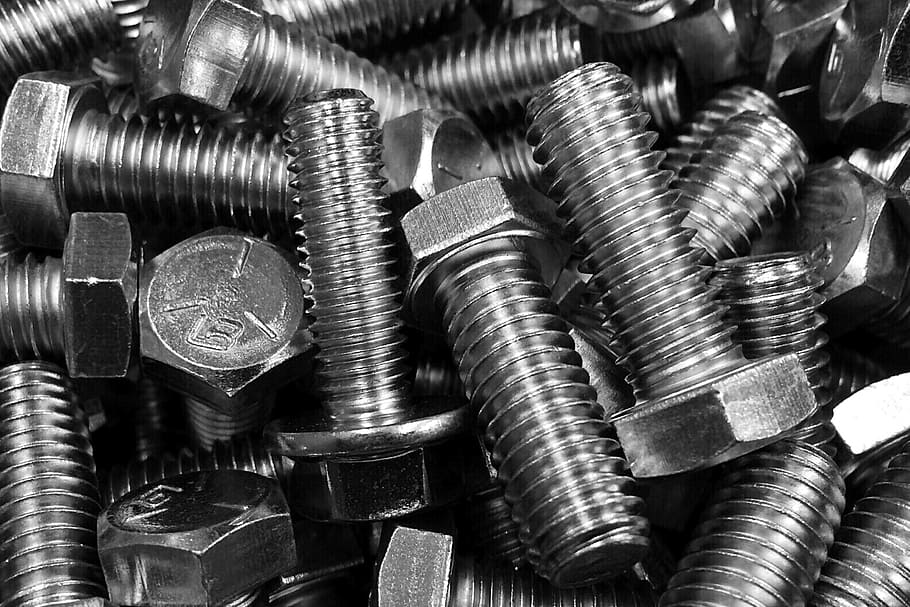 gray steel screws, industry, bolt, fastener, screw, steel, metal, large group of objects, backgrounds, full frame