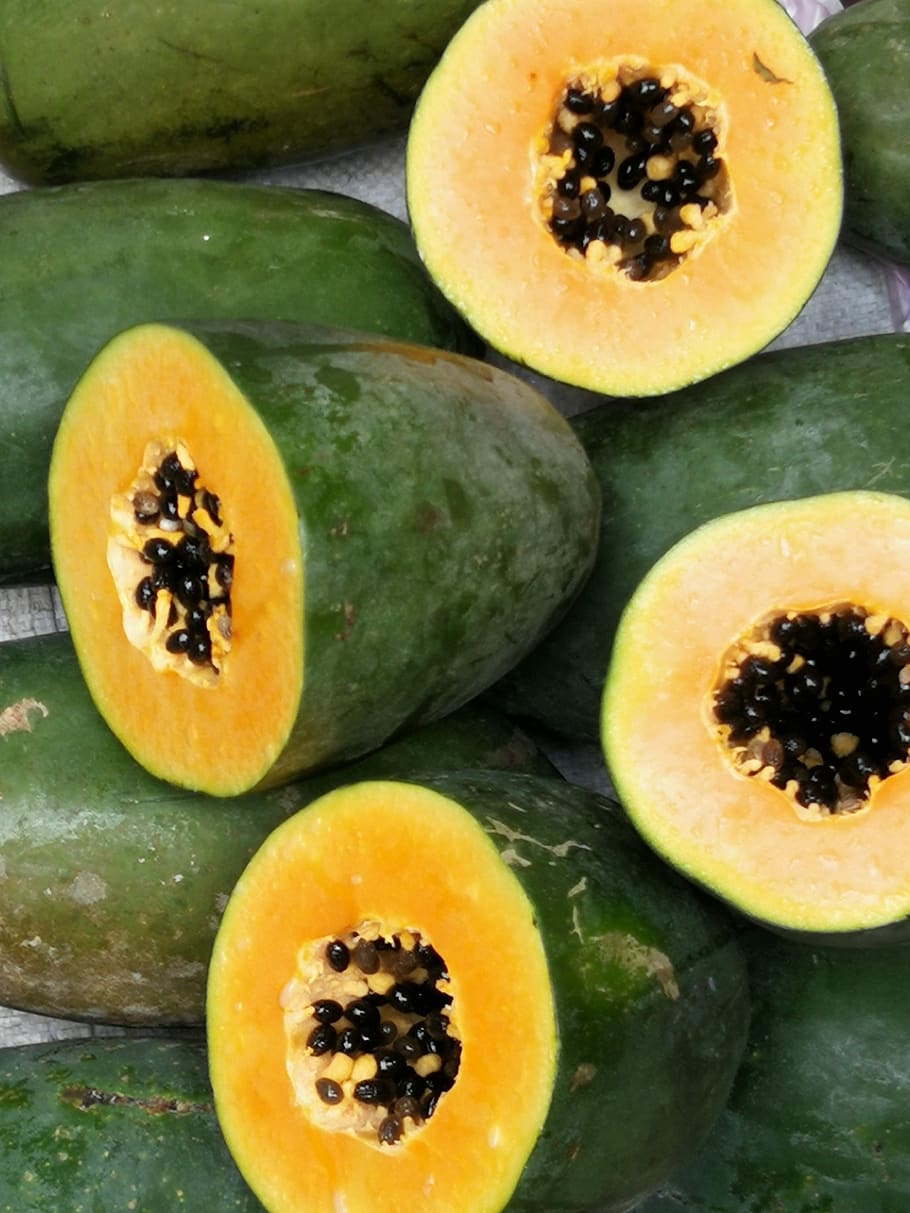 papaya, fruit, food, orange, green, eat, nature, exotic, juicy, vitamins