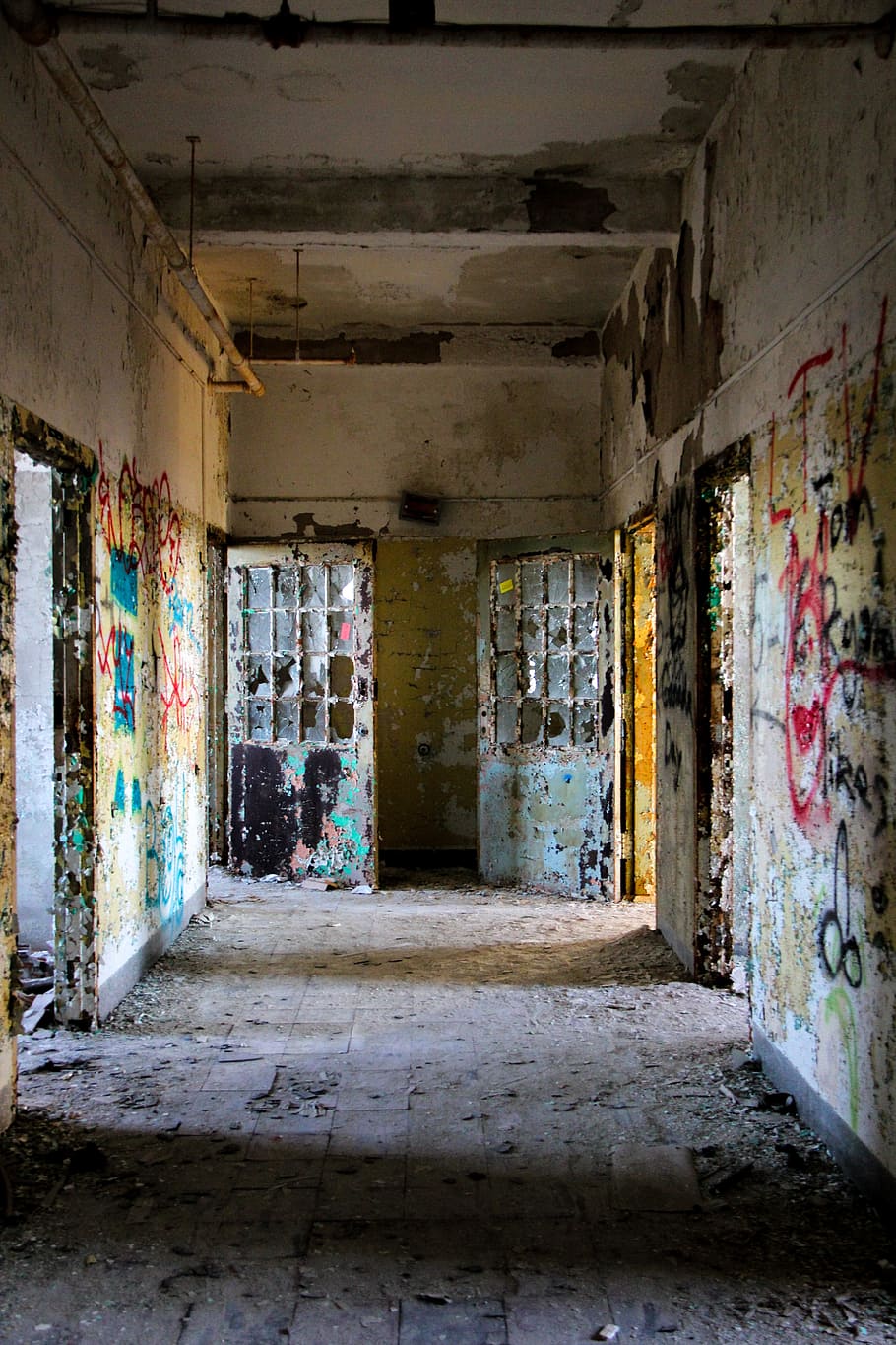 white, multicolored, abandoned, building, interior, asylum, hospital, mental, psychiatric, horror