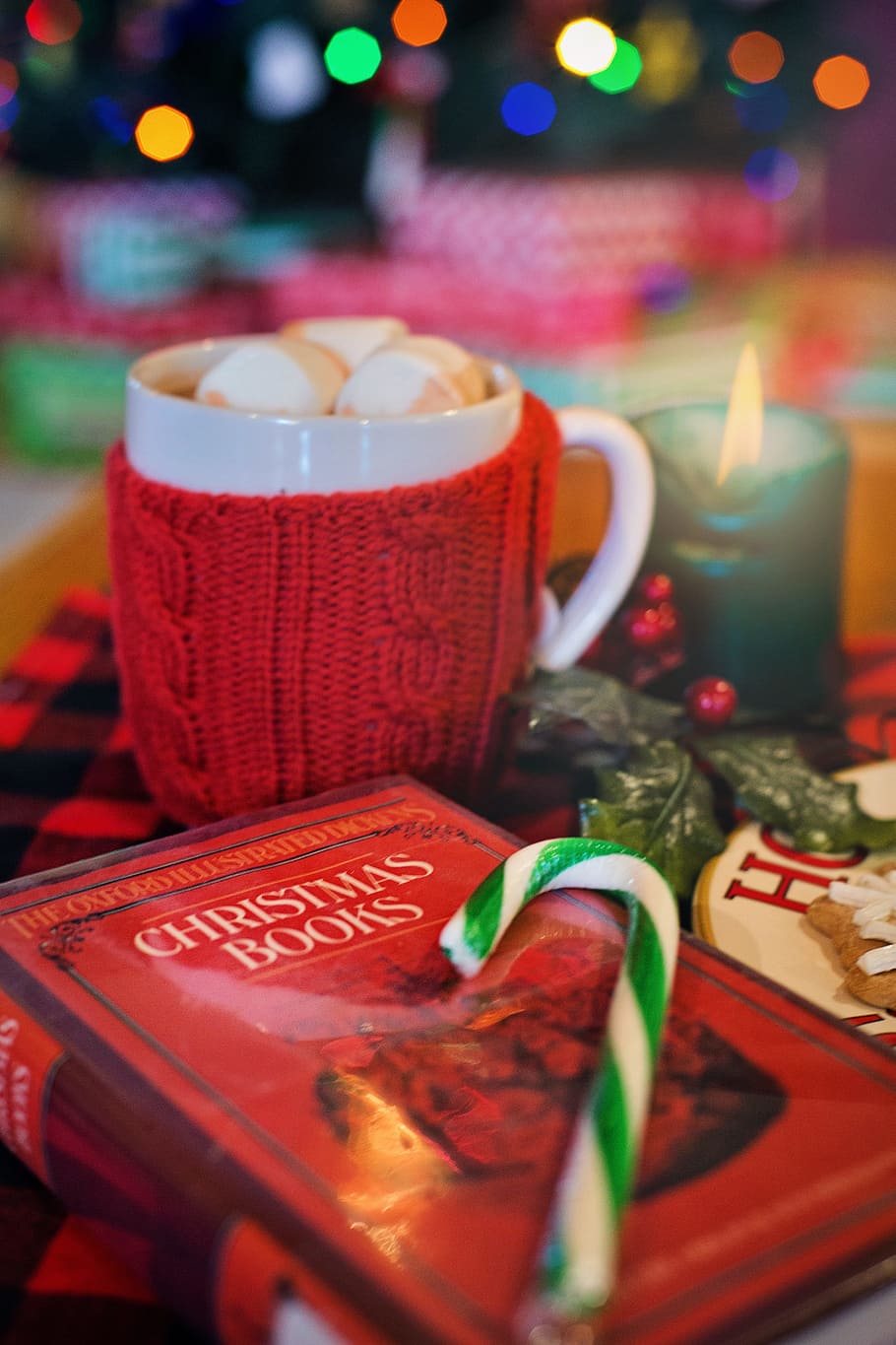 화이트, 녹색, 사탕, 상단, 도서, 크리스마스, 기분 좋은, 핫 초콜릿, 양초, 독서