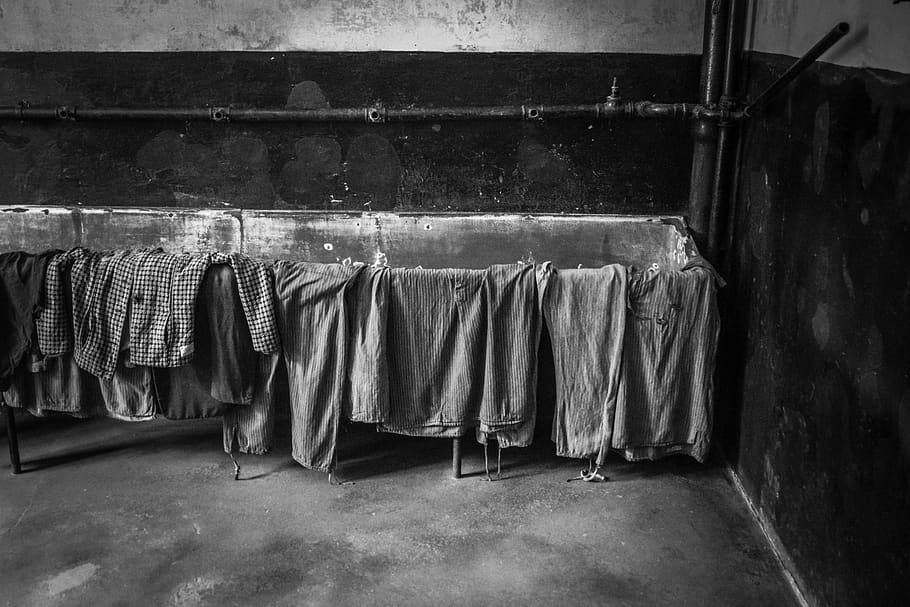 auschwitz, concentration camp, execution room, clothes, uniforms, horror, history, war, prison, nazism