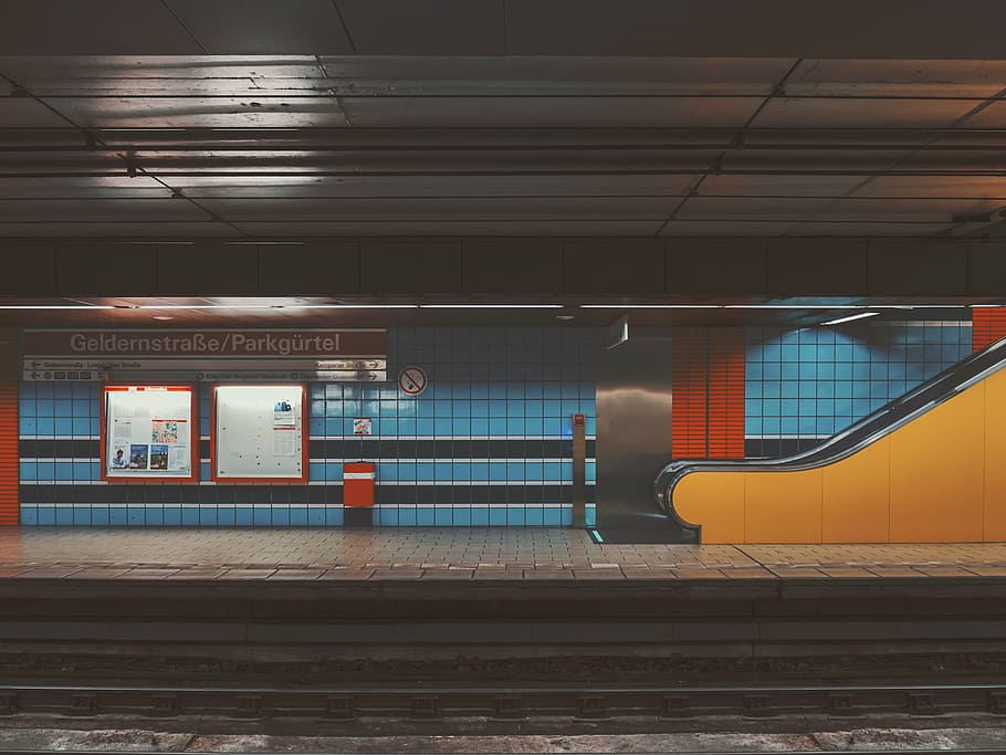 black, escalator, train station, places, train, station, subway, blue, orange, yellow