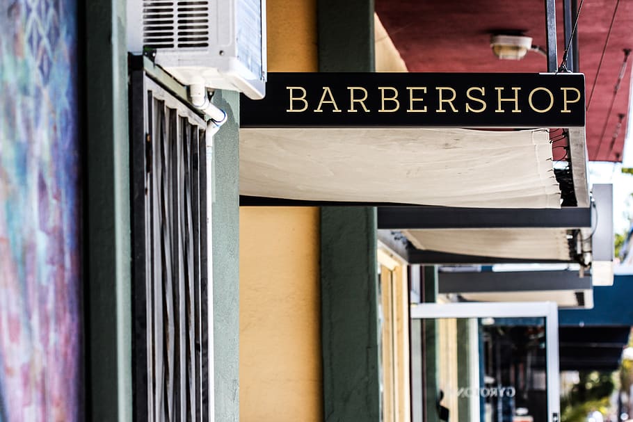 signage barbershop, di samping, tenda, barbershop, ruang komersial, papan nama, jalan, teks, komunikasi, skrip barat