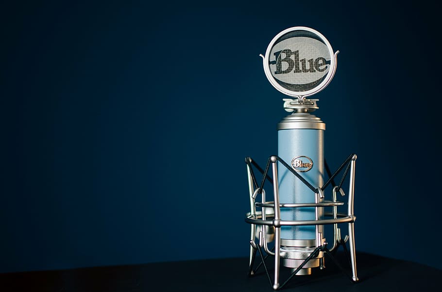 blue, gray, condenser microphone, microphone, condenser, recorder, filter, sound, music, technology