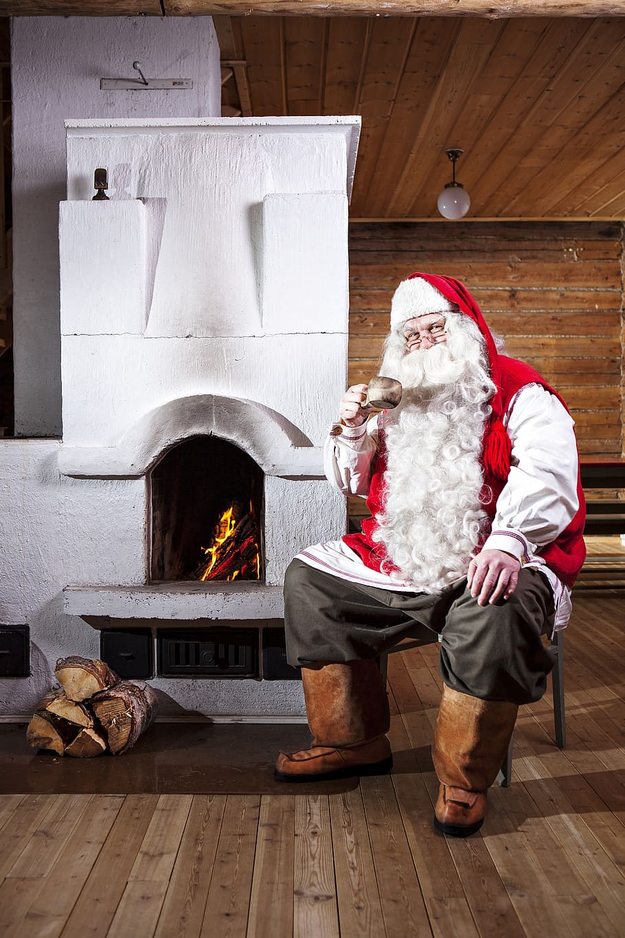 fireplace, santa claus, christmas, festivals, greetings, merry christmas, feast, hat, red, happy holidays
