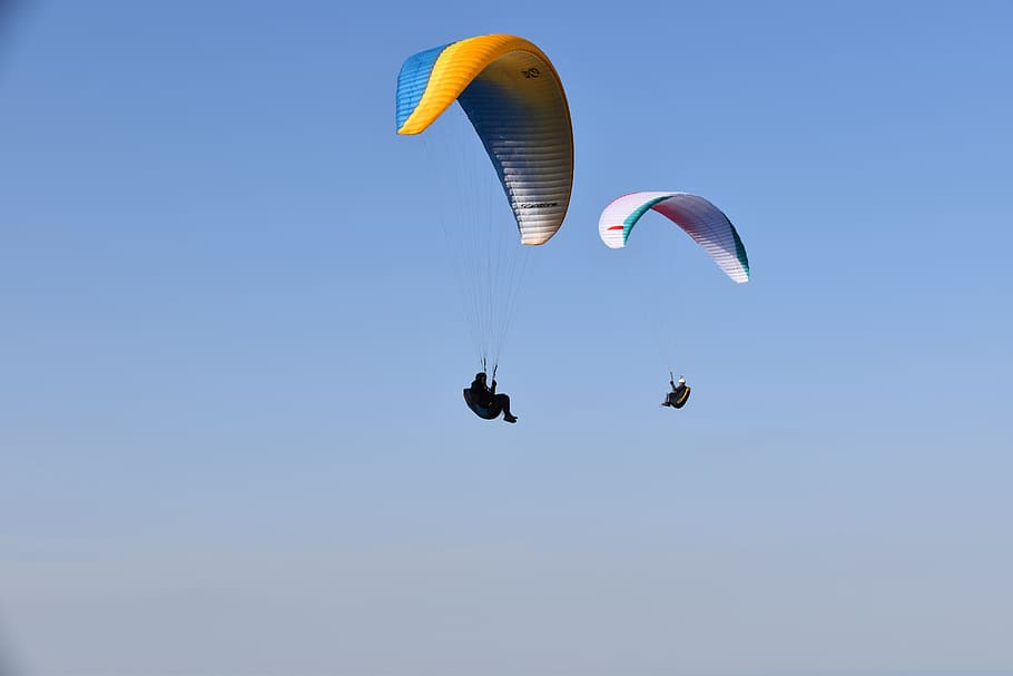 paragliders, adventure, sport, flight, fly, aircraft, blue sky, thermal, wind, nature