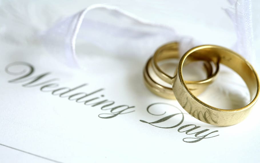 金色のリング, 白, カード, 結婚式, 写真, ウェブサイト, 結婚指輪, 結婚, リング, 愛