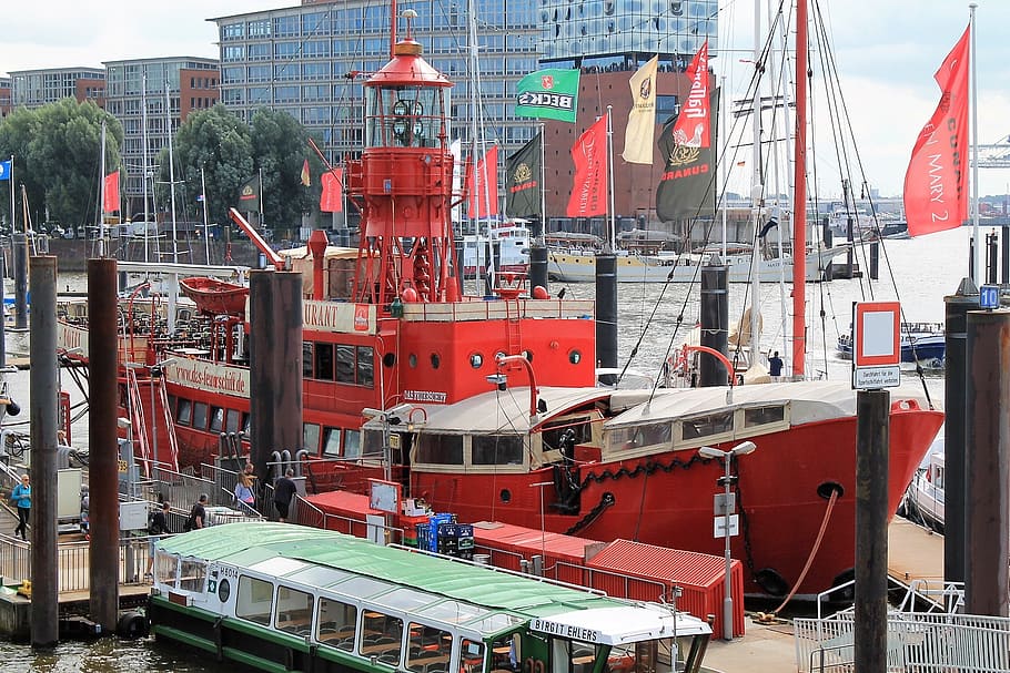 port, lightship, elbe philharmonic hall, architecture, industry, red, built structure, day, water, mode of transportation