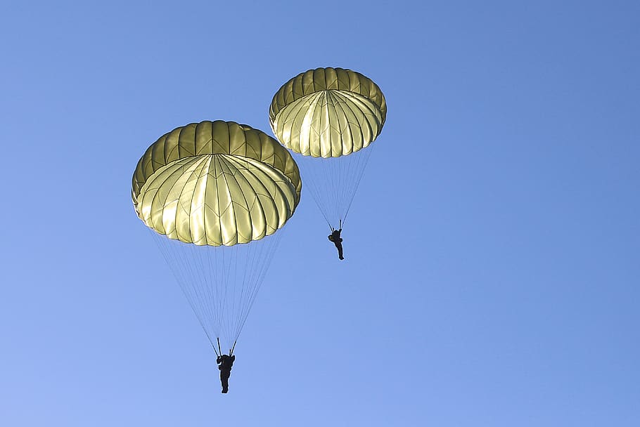 fallschime, parachutist, jump, exercise, bundeswehr, human, sky, skydiving, float, flying