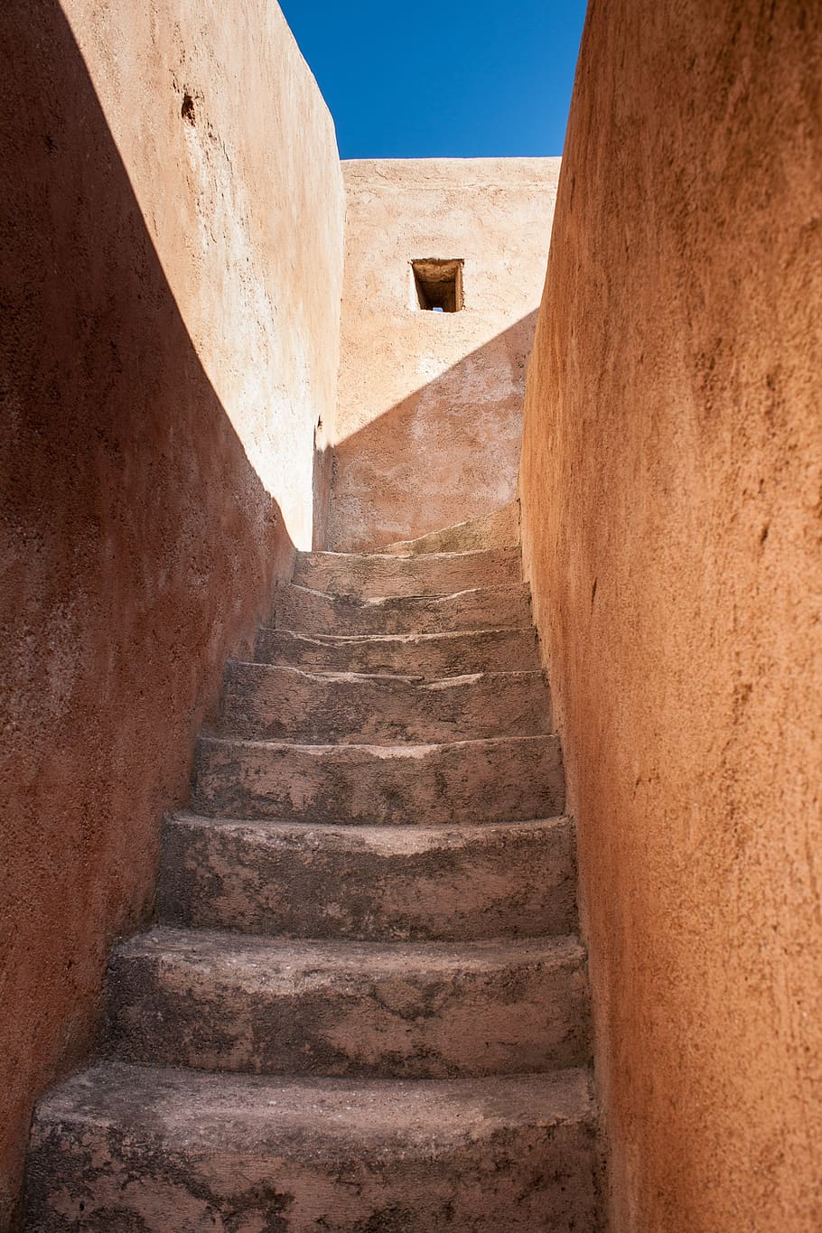 morocco, rabat, stairs, clay, blue, sun, shadow, architecture, staircase, built structure