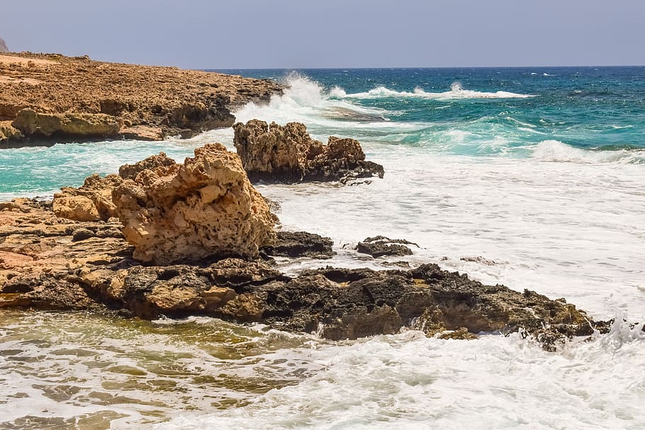 Mar, ondas, natureza, costa rochosa, azul, paisagem, spray, espuma, respingo, cenário