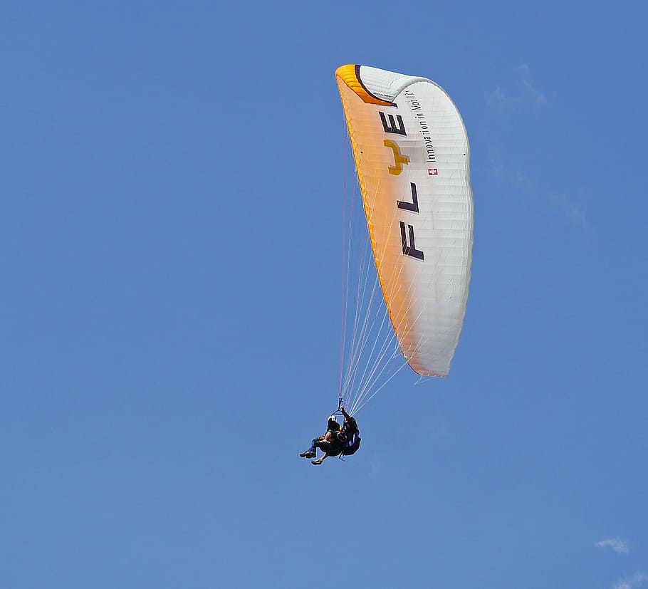 white, orange, parachute, tandem flight, paragliding, bird's eye view, switzerland, engadin, summer, tandem jump