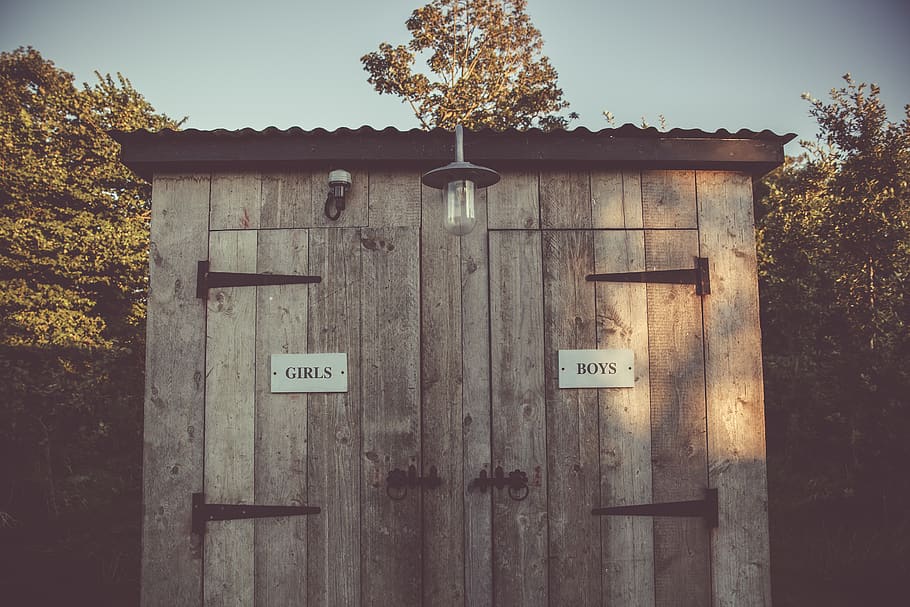 outdoor toilet, cabin, wood, girls, boys, rustic, light, bathroom, seperation, wood - material