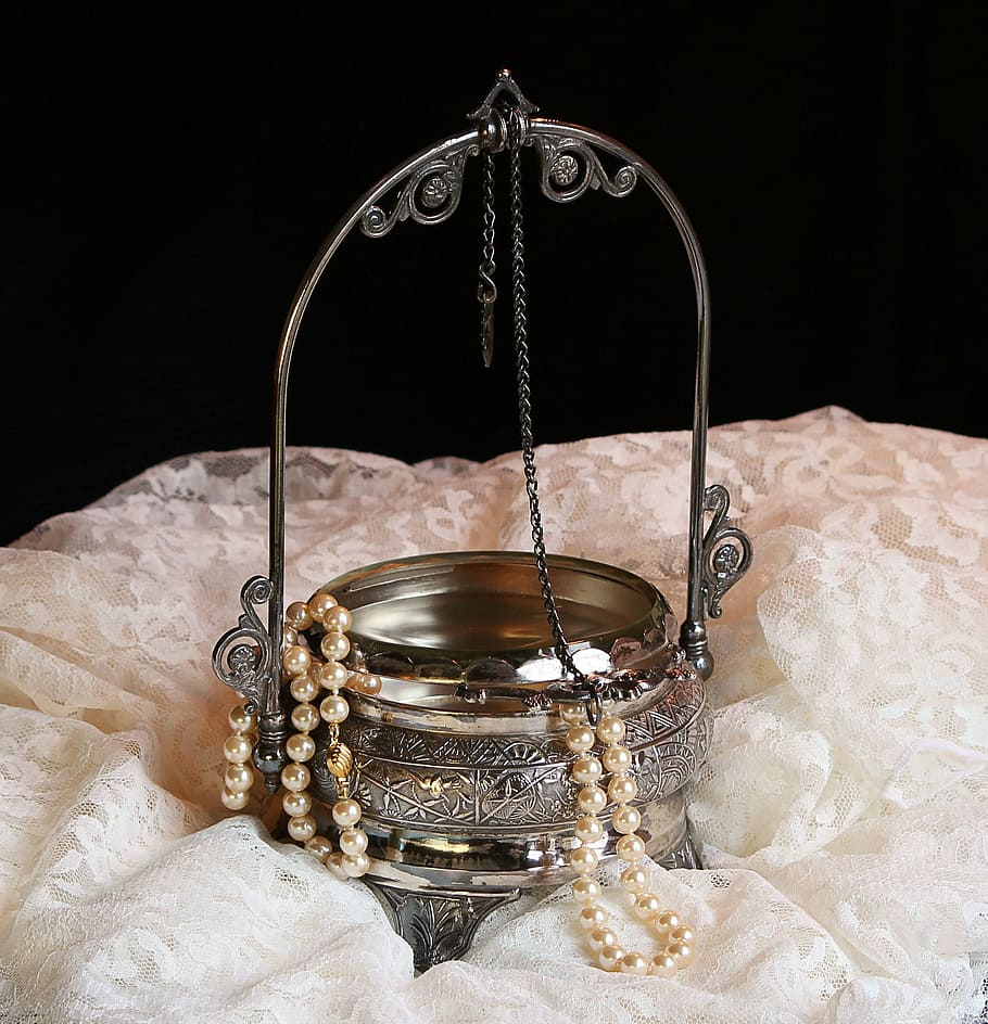 grey container, Antique, Jewel Box, Victorian, Pearls, antique jewel box, lace, old silver, tarnish, indoors