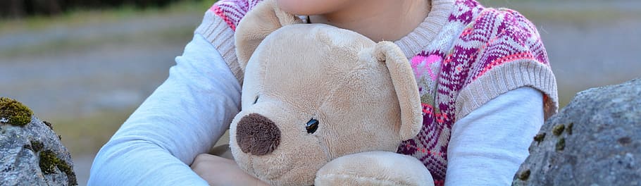 girl, hugging, brown, bear, plush, toy, child, teddy bear, furry teddy bear, stuffed animal