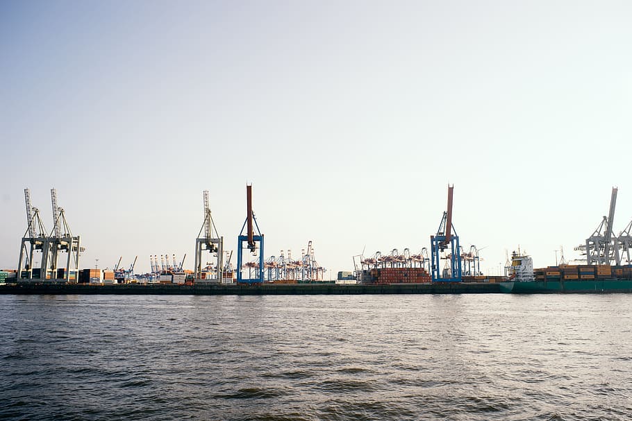Pelabuhan Hamburg, industri, lansekap, pelabuhan, Pengangkutan angkutan, Dermaga komersial, Kontainer kargo, derek - Mesin Konstruksi, transportasi, pengiriman
