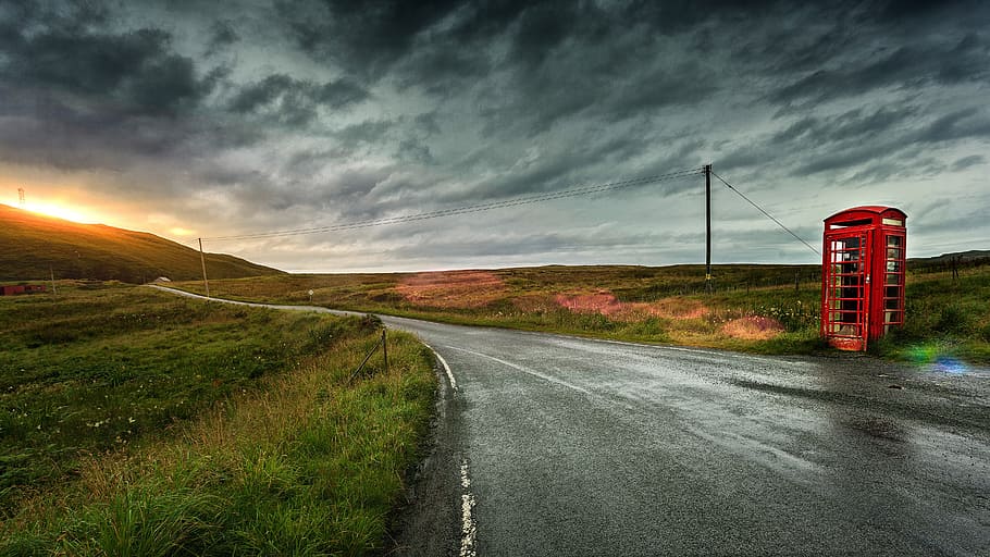 red, telephone booth, road, Clouds, Highlands And Islands, Scotland, nature, landscape, highlands, mood