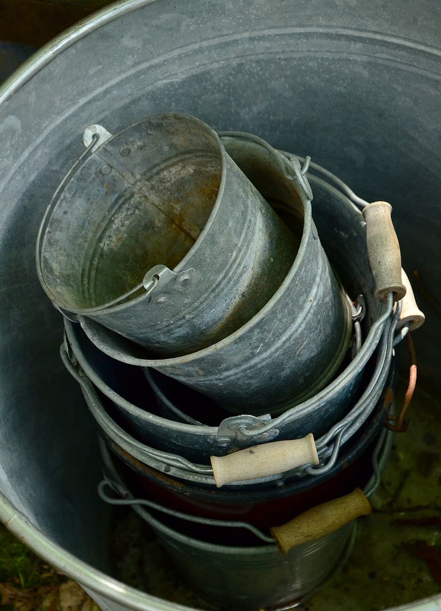 sheet, metal bucket, old, stack, vessels, garden, used, bucket, grey, dirty