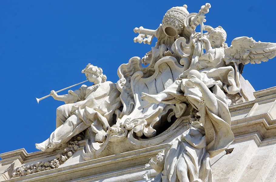 Itália, Roma, Fonte de Trevi, fonte, água, estátuas, esculturas, azul, vista de ângulo baixo, estátua