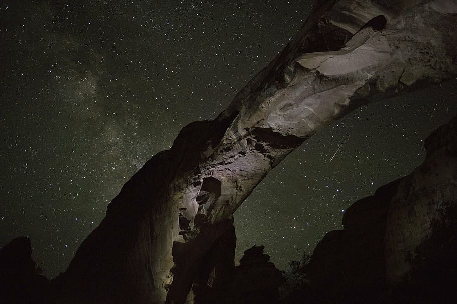silhouette photo, rock formation, sandstone arch, milky way, night, landscape, silhouette, sky, stars, cosmos