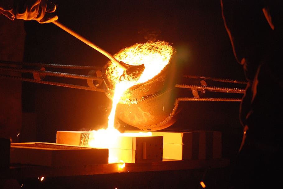 pour, iron, foundry, heat, fire, hot, molten, metal, iron pour, casting